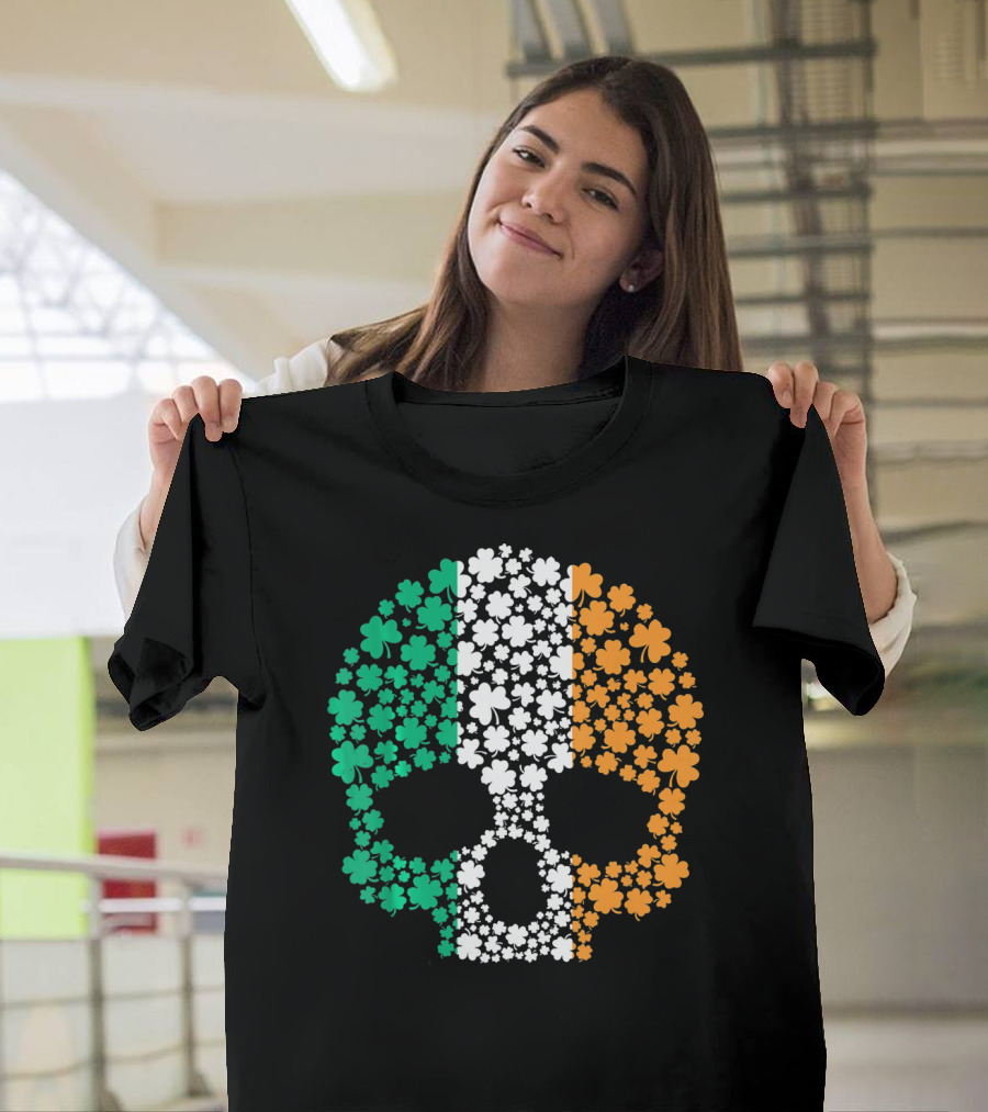 Irish Shamrock Skull with Tricolor Pattern for St. Patrick's Day T-Shirt