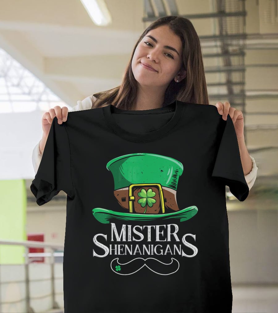Mister Shenanigans St Patricks Hat With Clover And Mustache T-Shirt