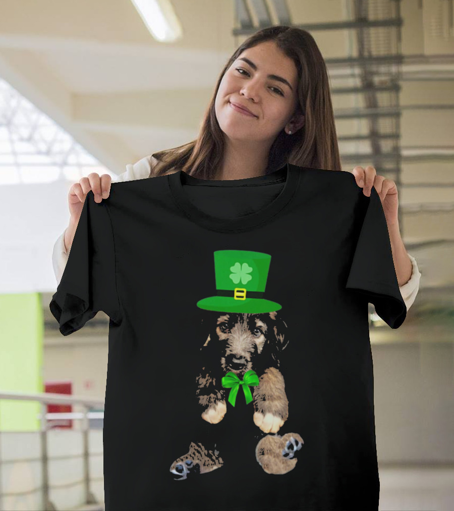 Irish Wolfhound Puppy With Leprechaun Hat And Shamrock Bow For St. Patrick's Day T-Shirt
