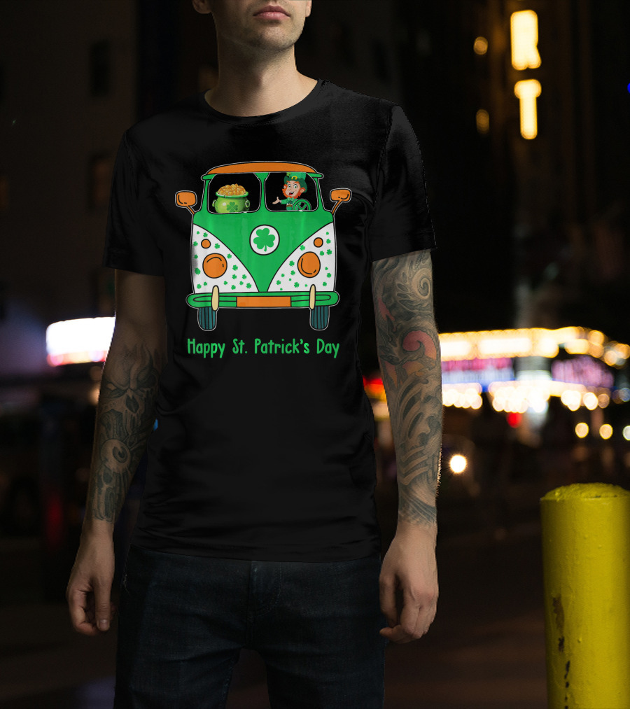 Happy St. Patrick's Day Leprechaun Gold Pot Hippie Car T-Shirt