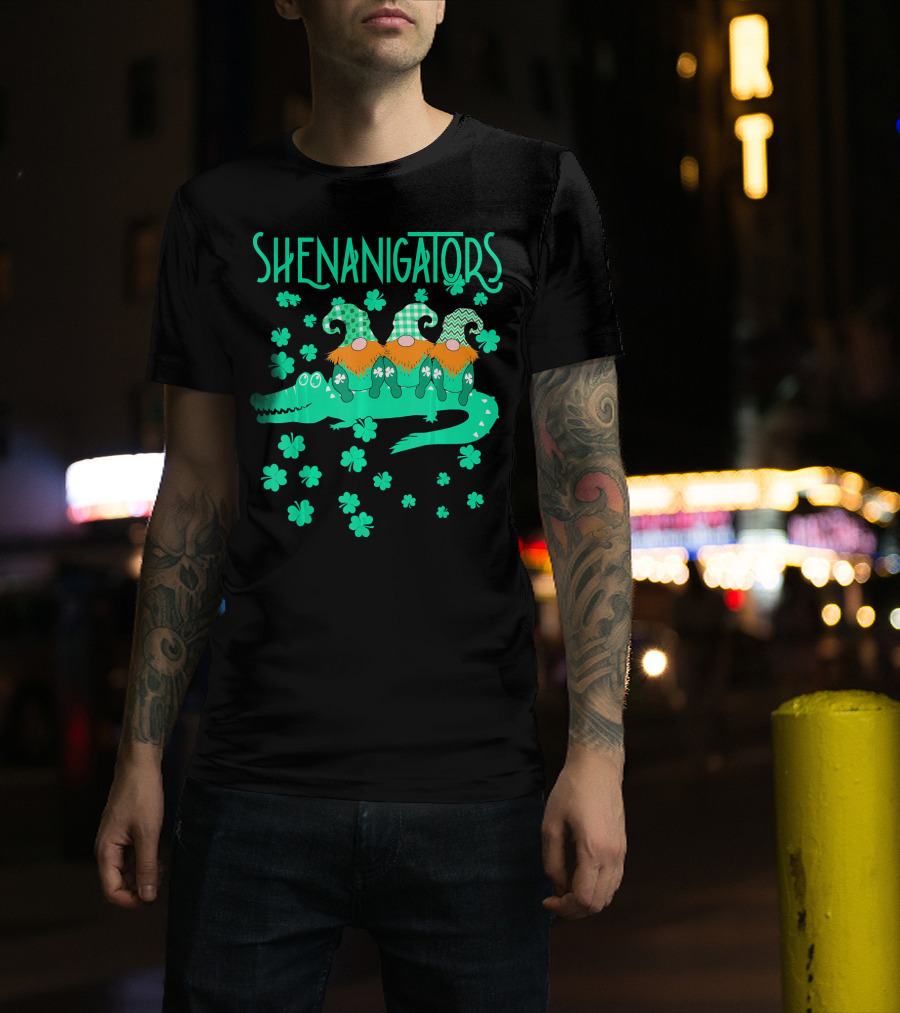 Shenanigators Funny Cute Alligator With Gnomes And Shamrocks T-Shirt