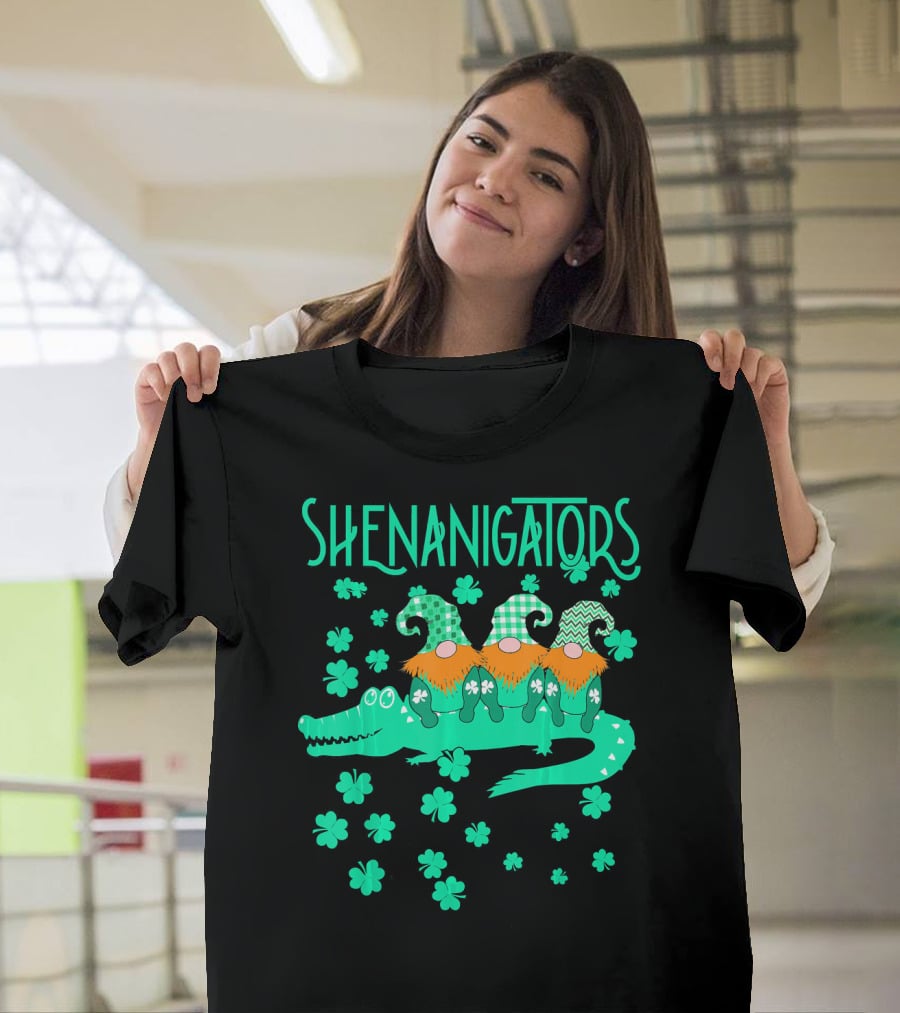 Shenanigators Funny Cute Alligator With Gnomes And Shamrocks T-Shirt