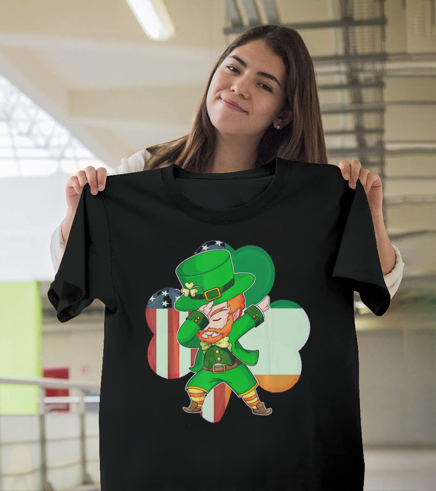 Funny Dabbing Leprechaun Shamrock American Irish Flag T-Shirt