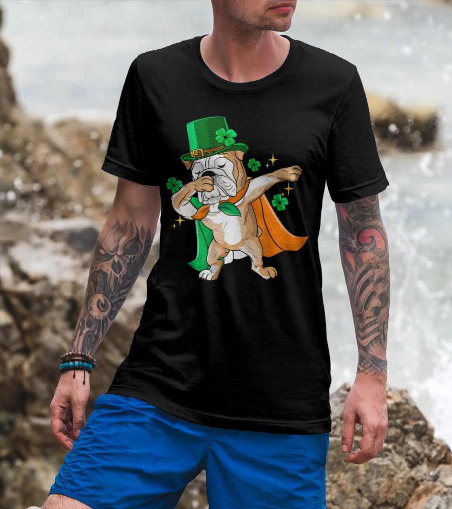 Irish Bulldog Dabbing Leprechaun With Shamrocks T-Shirt