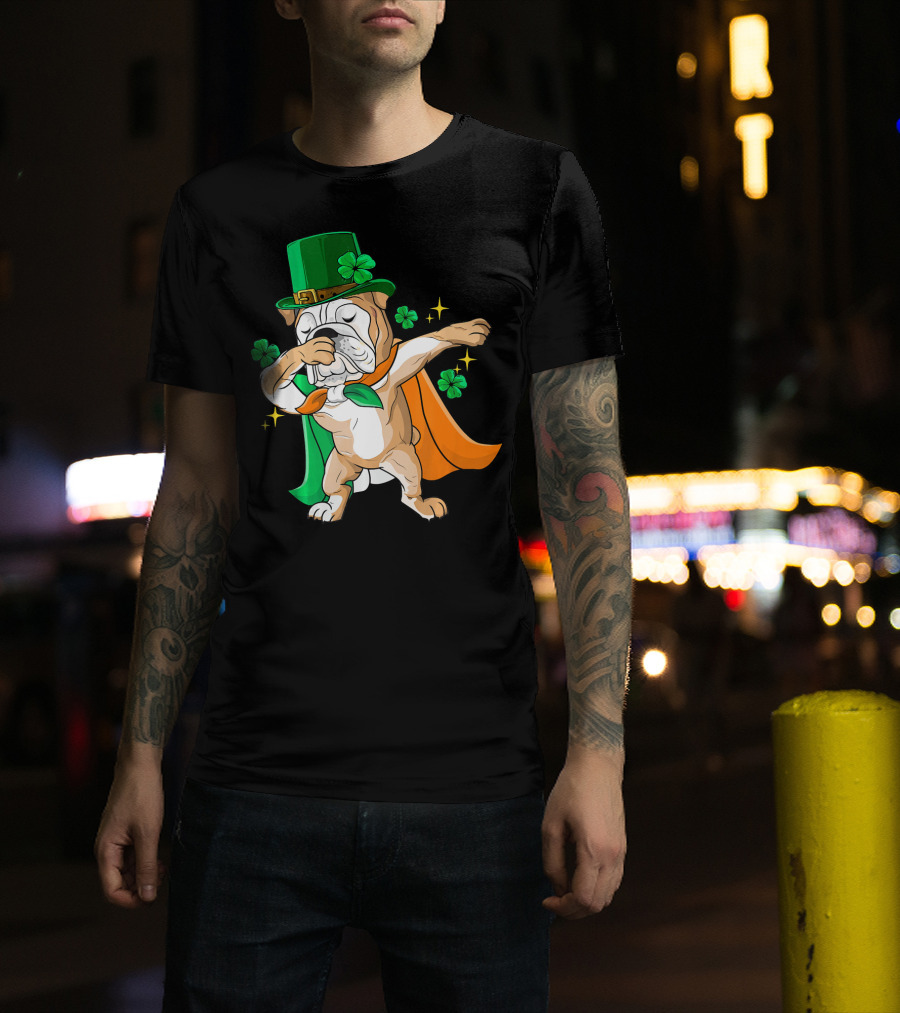 Irish Bulldog Dabbing Leprechaun With Shamrocks T-Shirt