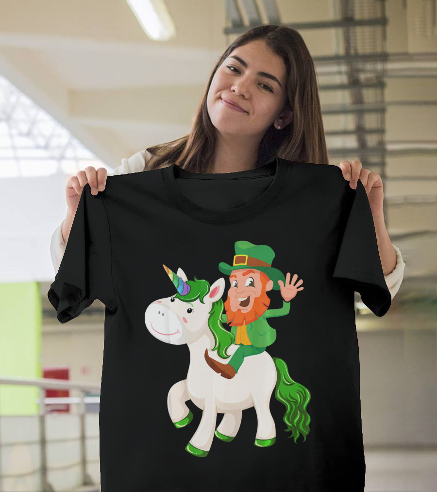 Unicorn Leprechaun Celebration Characters Green Hat and Red Beard Riding Playful Creature T-Shirt