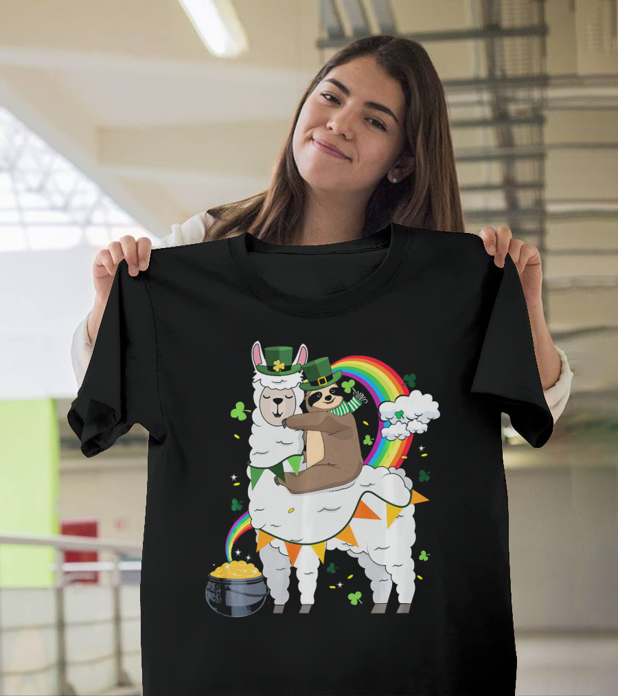 St. Patrick's Day Sloth Leprechaun with Rainbow and Gold on Llama T-Shirt