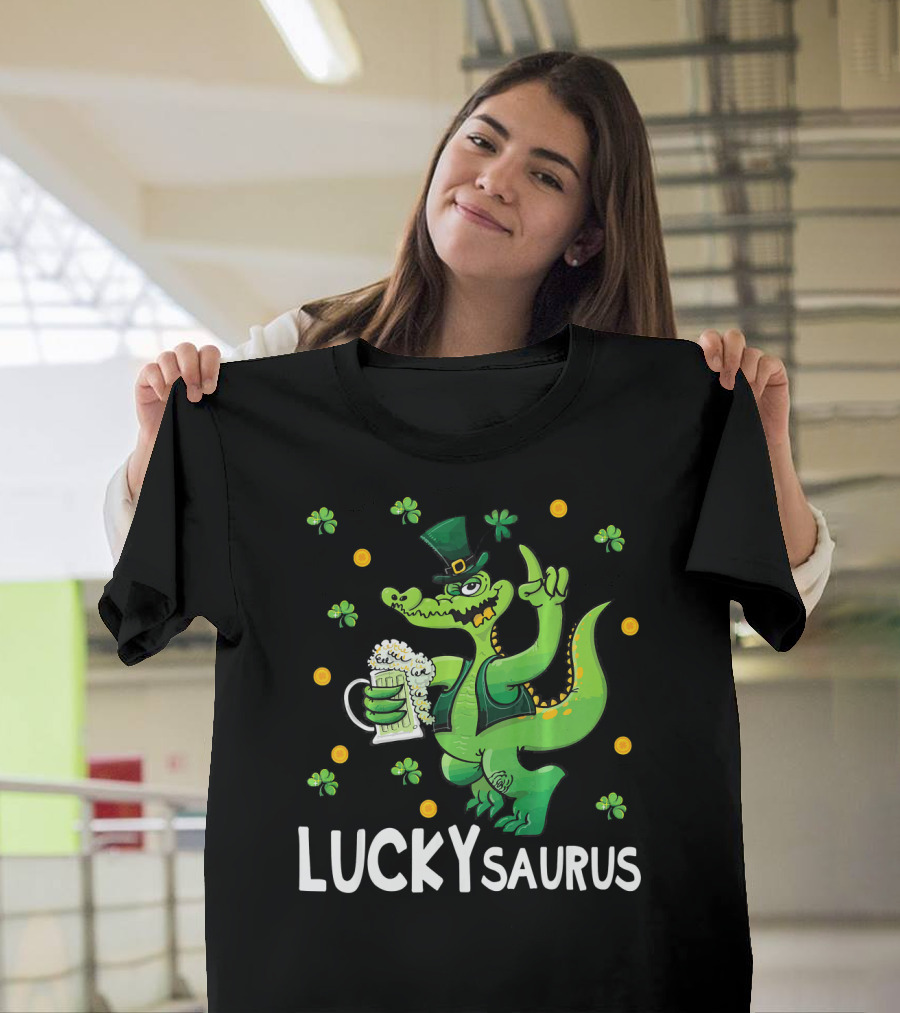 Luckysaurus Dinosaur Leprechaun Drinking Green Beer with Shamrocks and Coins T-Shirt