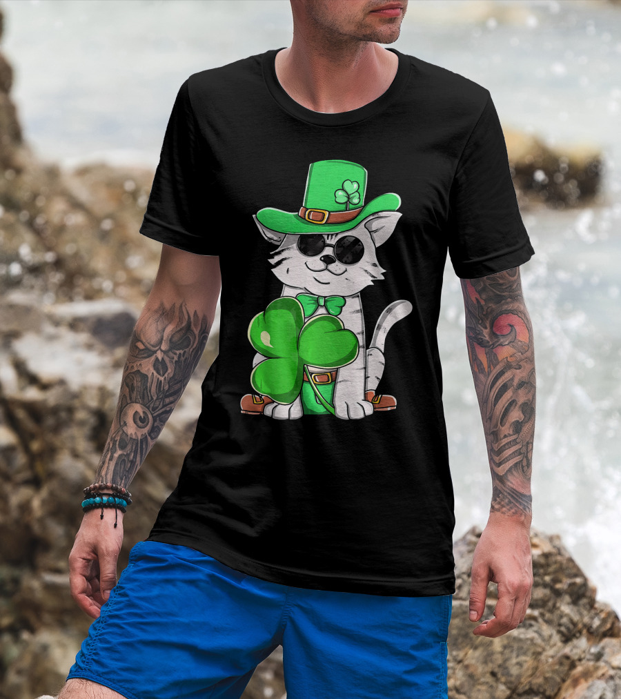 Leprechaun Cat Shamrock Irish St Pat Day Kitty T-Shirt