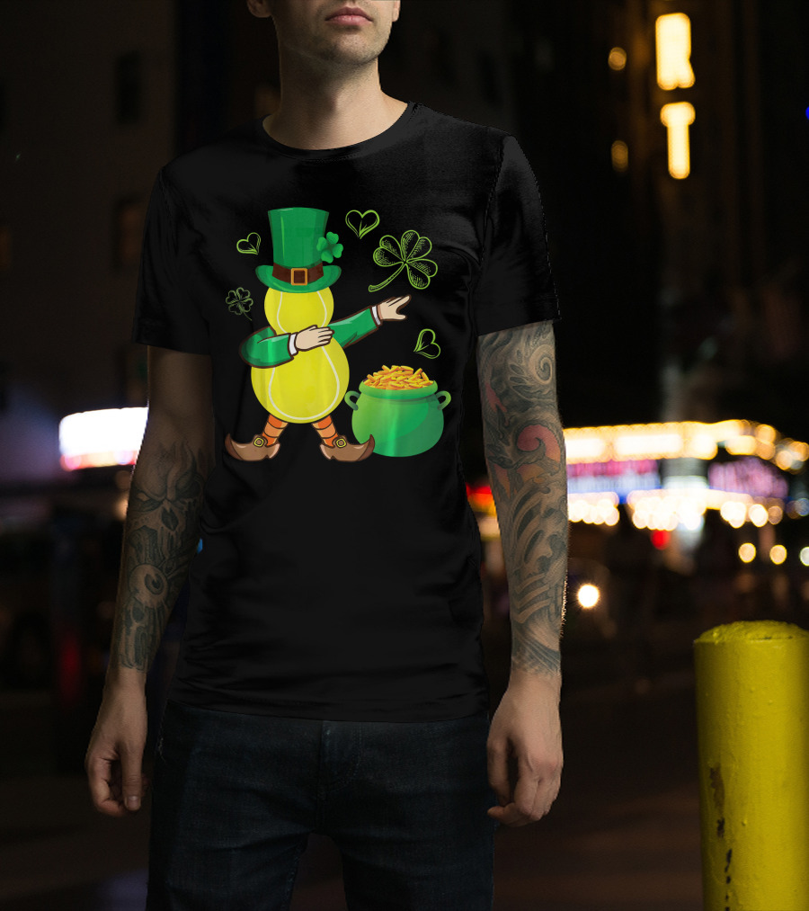 Tennis Leprechaun Dabbing With Gold Pot And Shamrocks T-Shirt