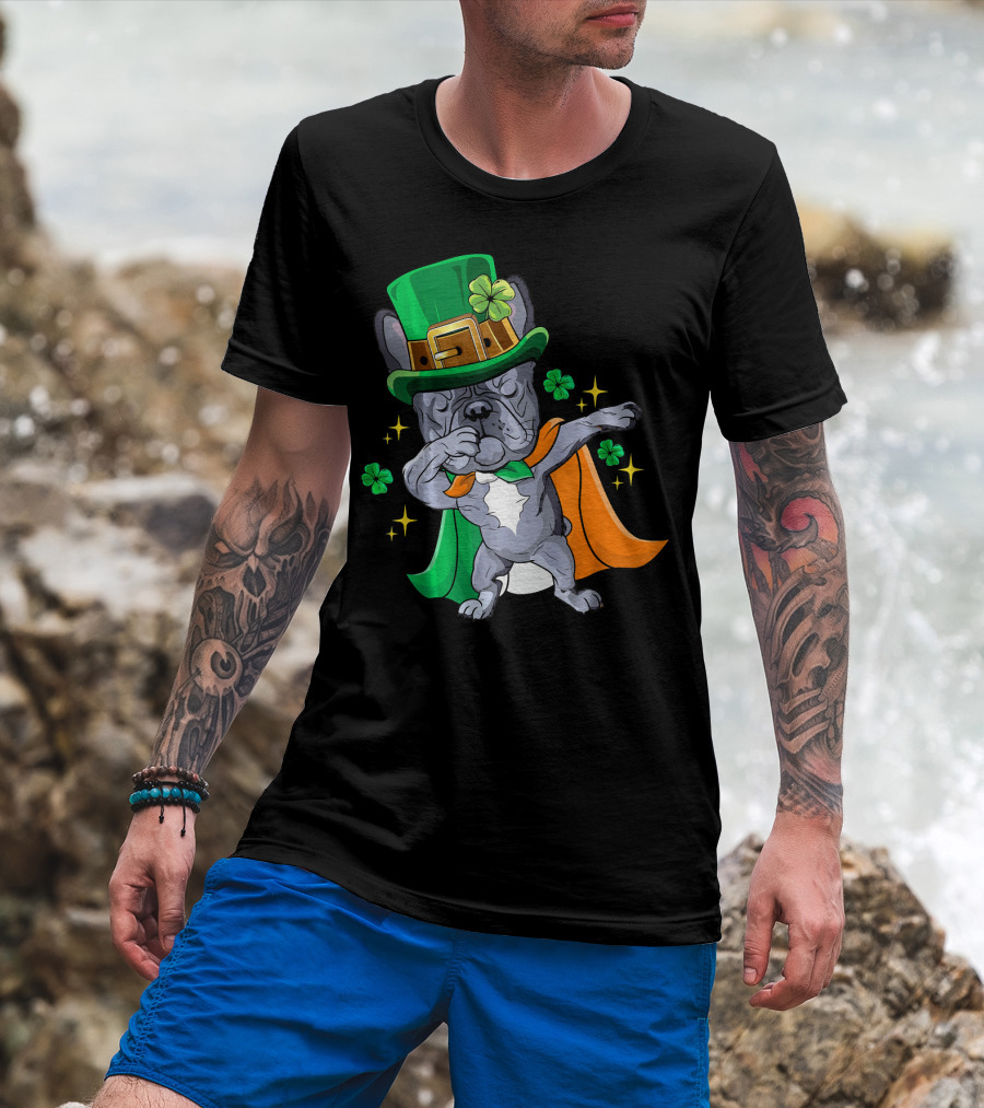 Dabbing French Bulldog Leprechaun St Patrick's Day Shamrocks T-Shirt