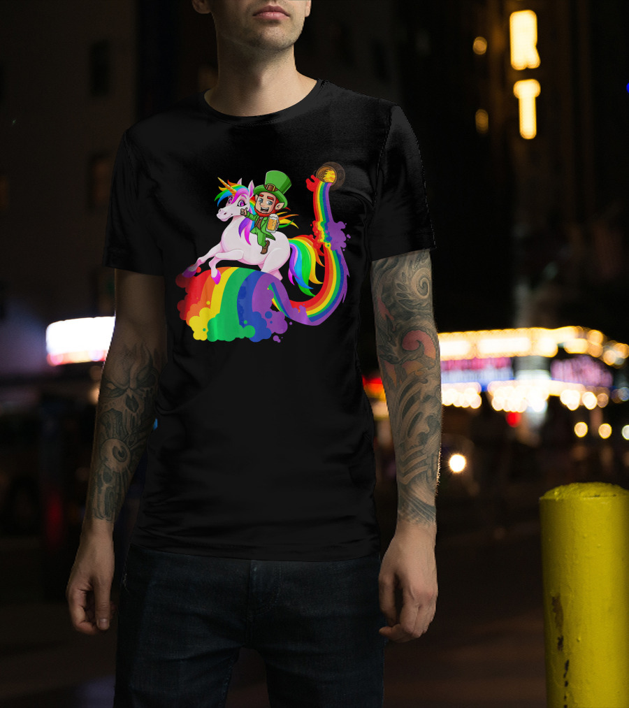 Patrick Leprechaun Riding Unicorn Rainbow With Beer And Pot Of Gold T-Shirt