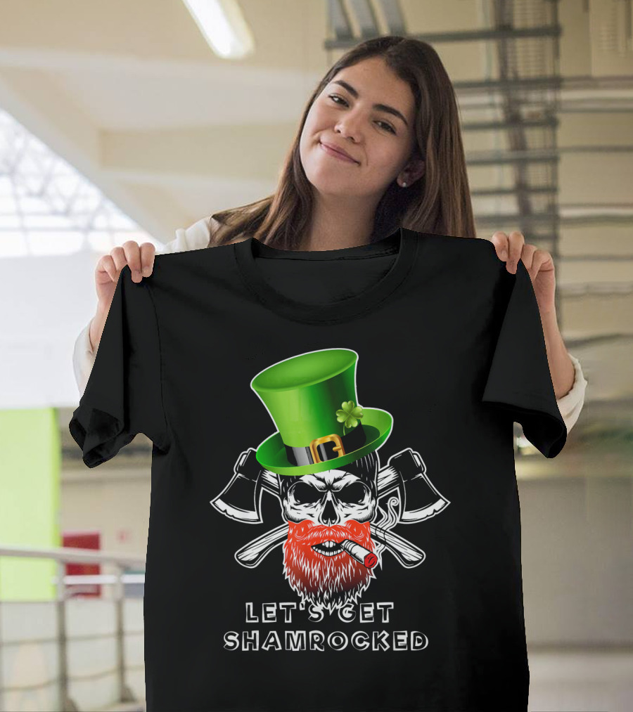 Let's Get Shamrocked St Patrick's Day Skull with Green Hat and Axes T-Shirt