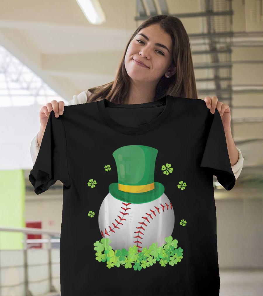 Baseball Leprechaun Hat With Shamrocks And Four-Leaf Clovers T-Shirt