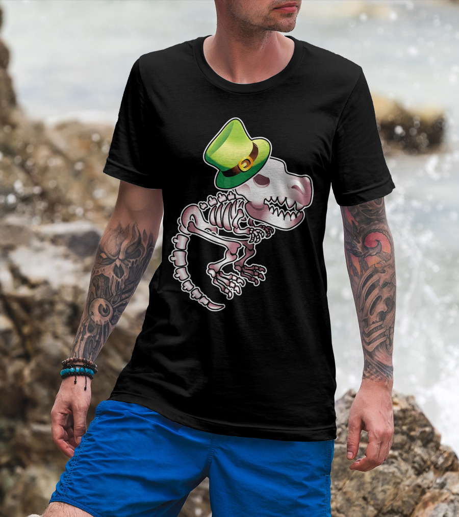T Rex Dinosaur Skeleton With Green Leprechaun Hat T-Shirt