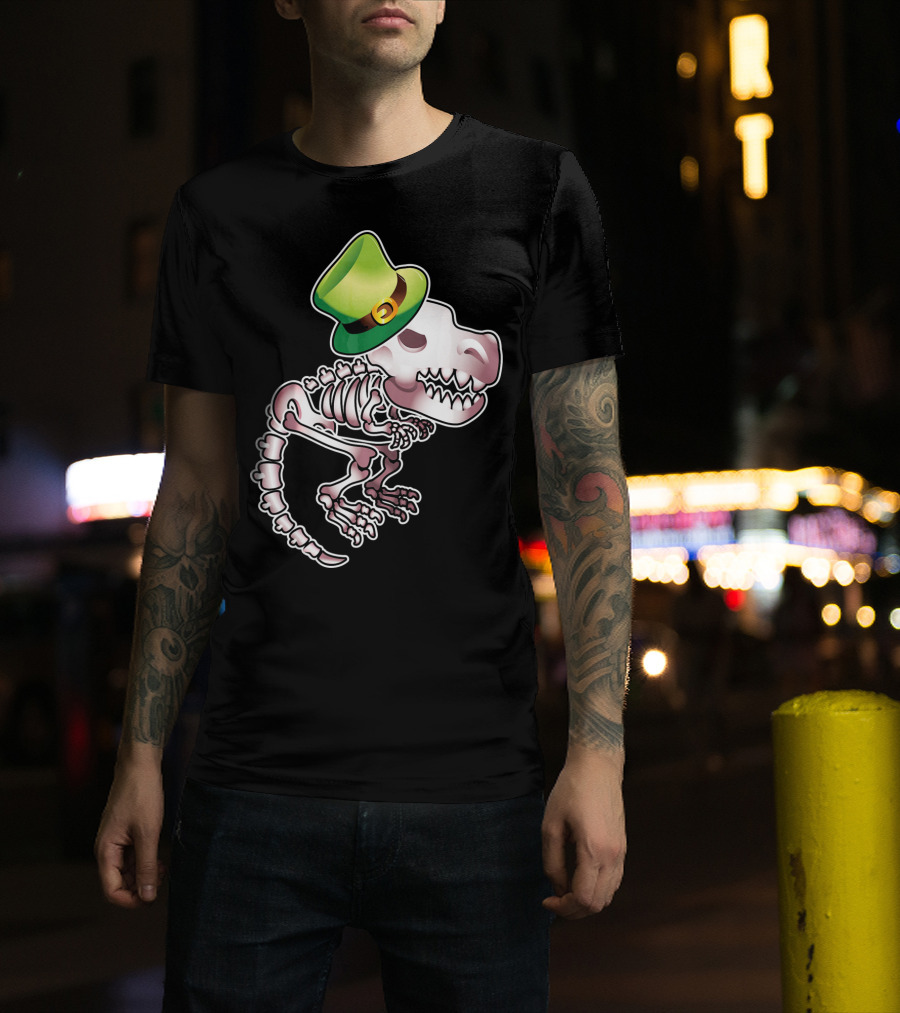 T Rex Dinosaur Skeleton With Green Leprechaun Hat T-Shirt
