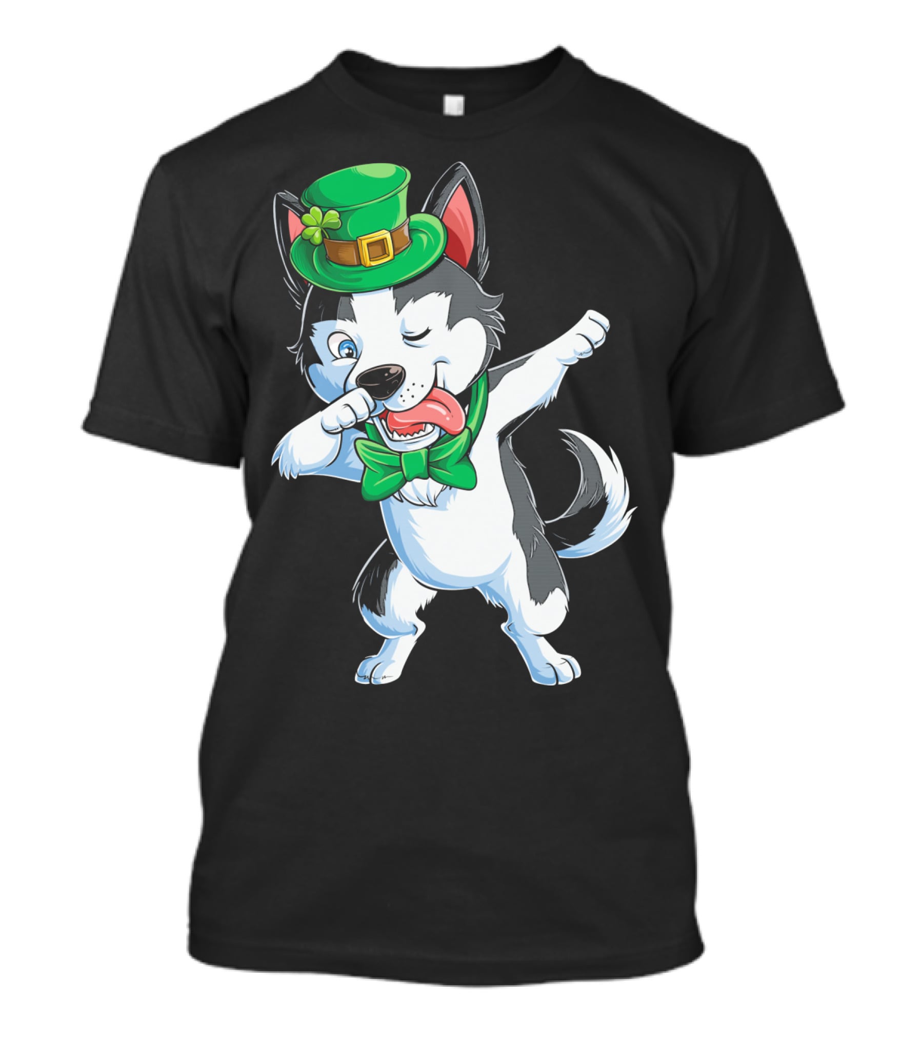 Dabbing Siberian Husky St. Patrick’s Day Green Hat Bow Tie T-Shirt