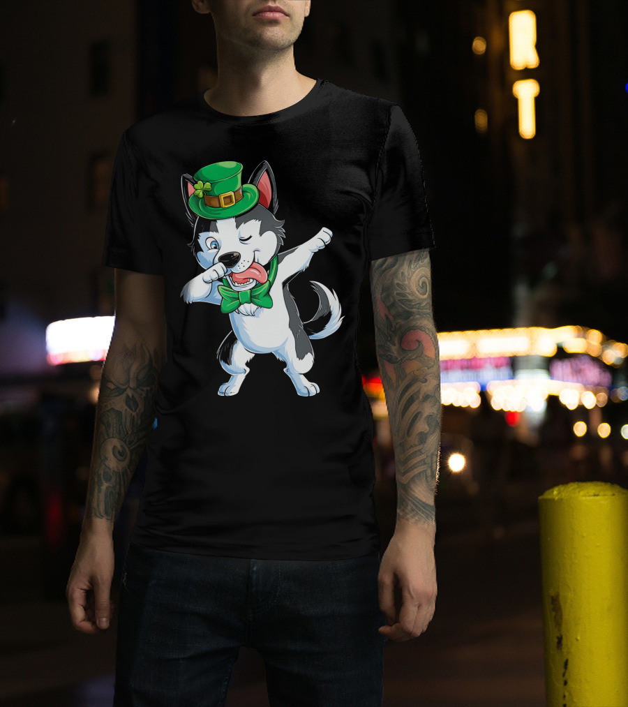 Dabbing Siberian Husky St. Patrick’s Day Green Hat Bow Tie T-Shirt