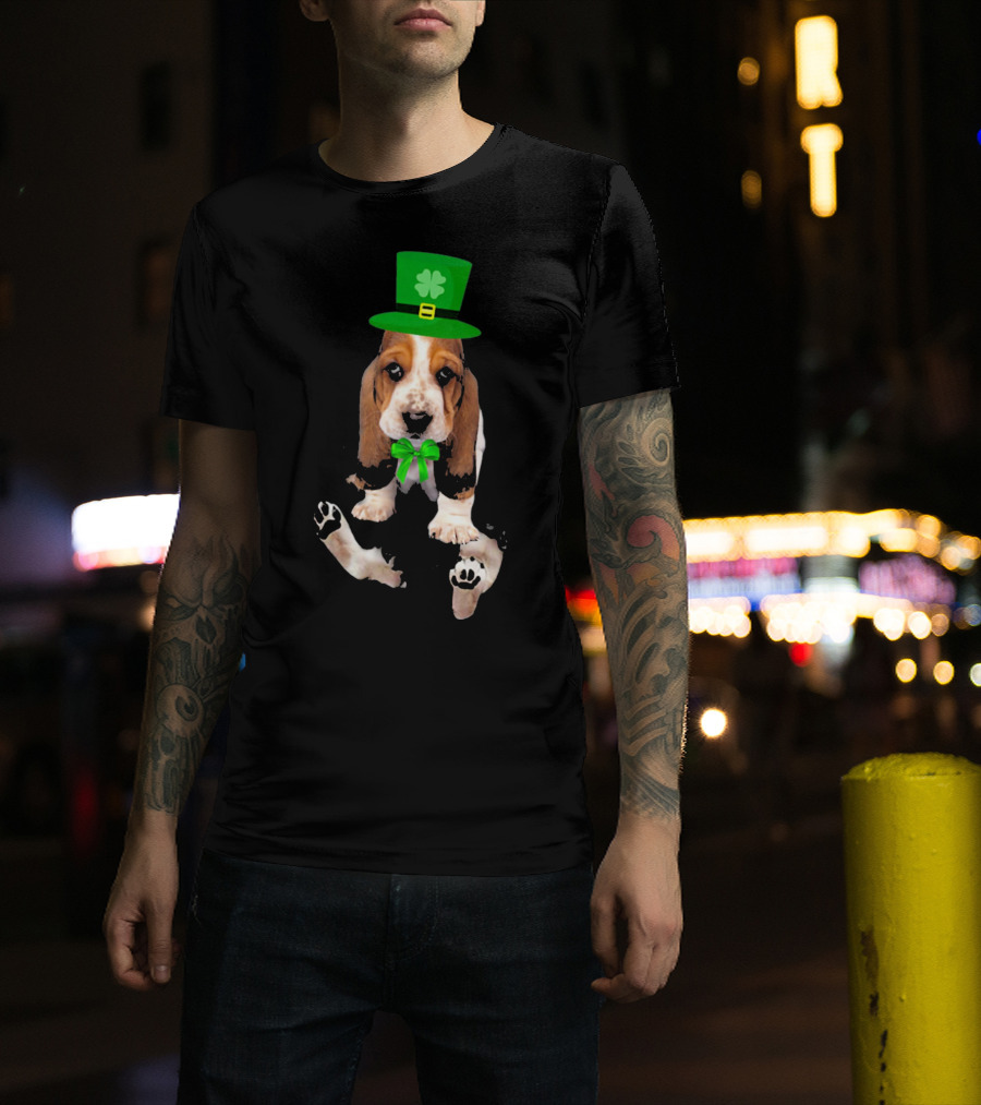 Basset Hound Puppy St. Patrick's Day Leprechaun Hat With Shamrock T-Shirt