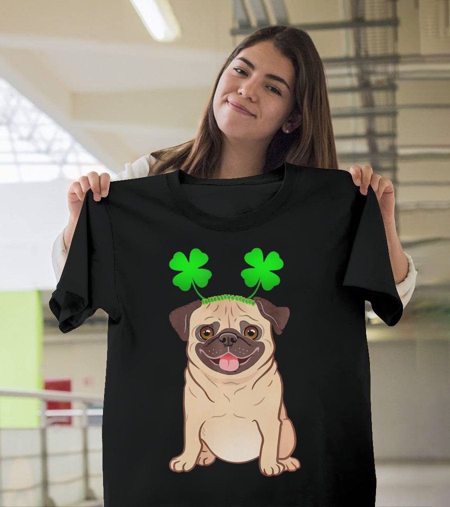 Cute Pug Adorned In Shamrock Headband With Happy Expression T-Shirt