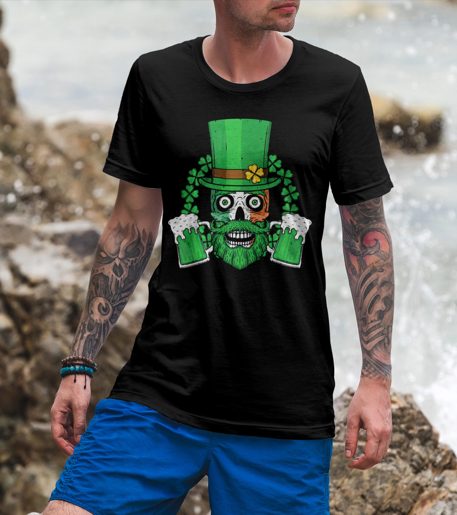 Irish Flag Leprechaun Skull With Shamrock And Beer Mugs T-Shirt