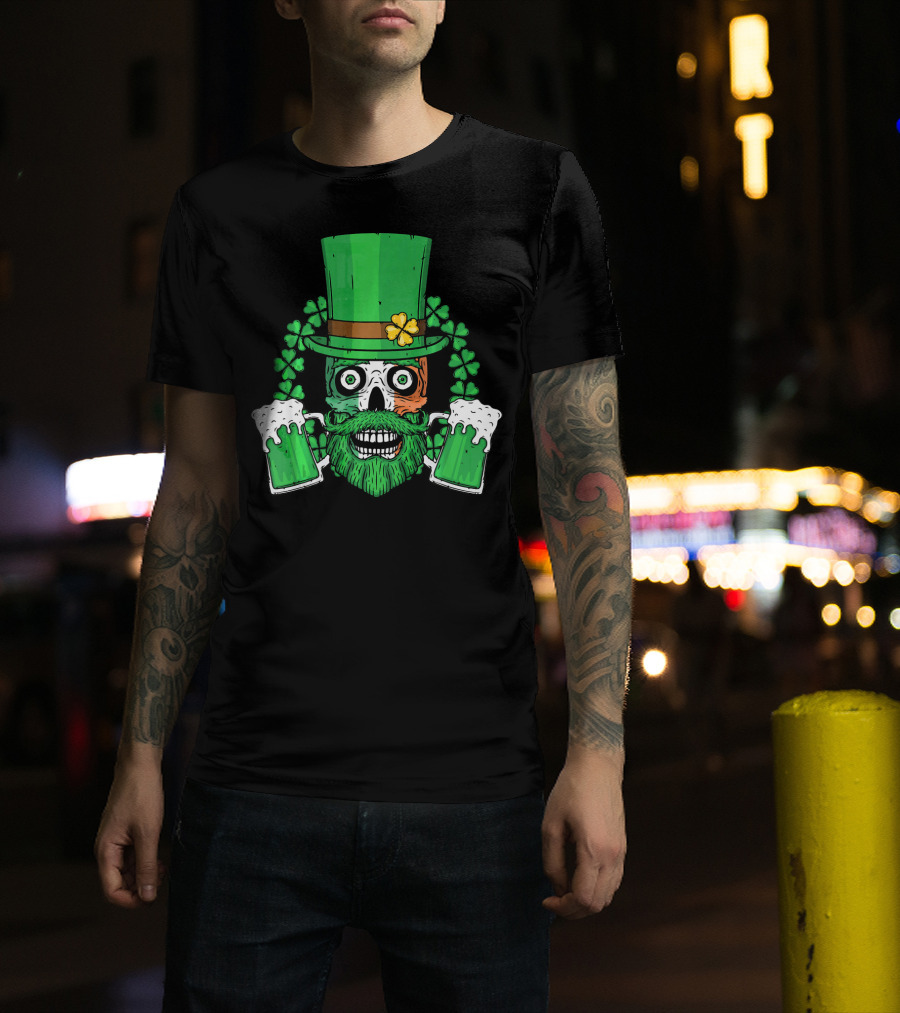 Irish Flag Leprechaun Skull With Shamrock And Beer Mugs T-Shirt