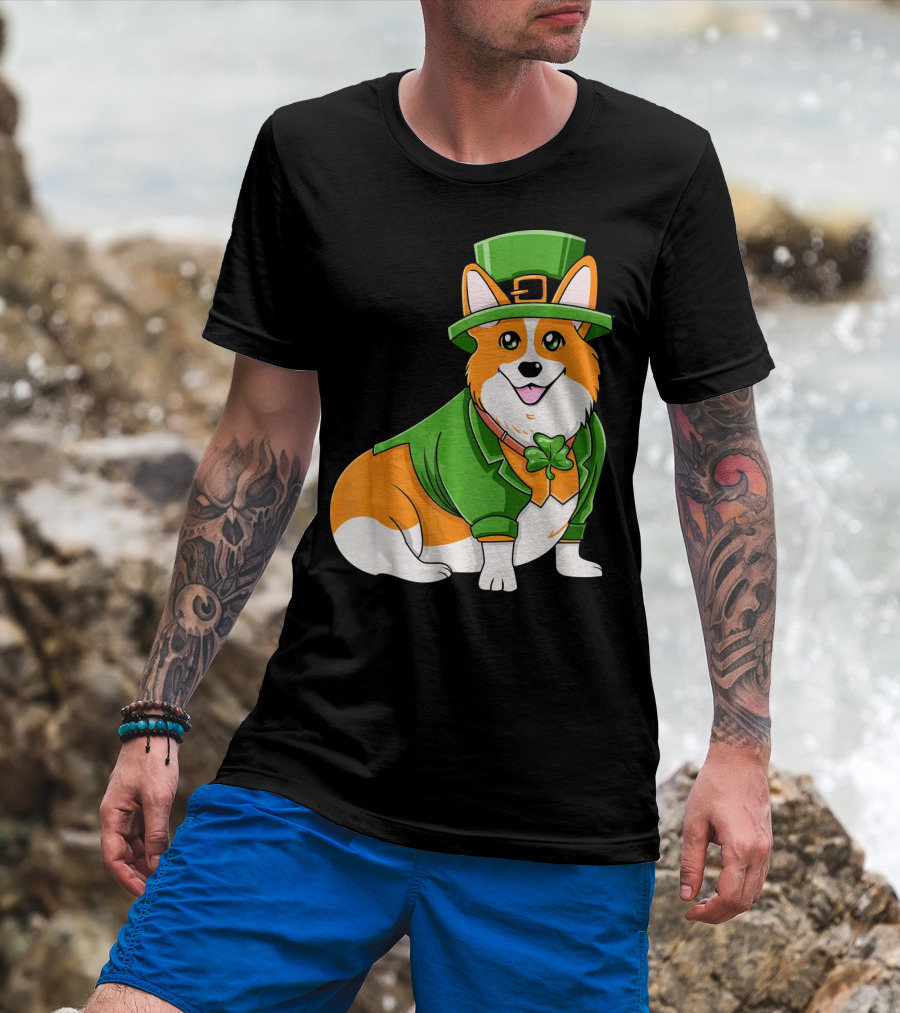 St Patricks Day Corgi Irish Dog In Leprechaun Hat And Green Suit T-Shirt