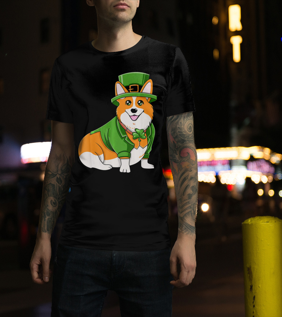 St Patricks Day Corgi Irish Dog In Leprechaun Hat And Green Suit T-Shirt
