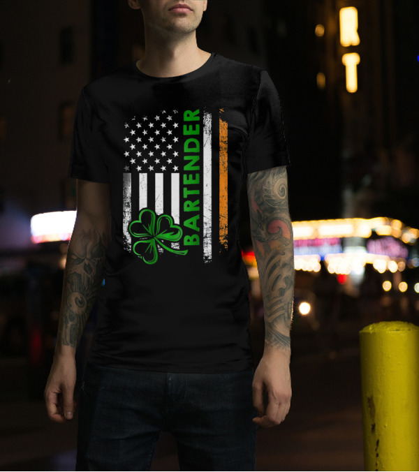 Irish Bartender American Flag Shamrock T-Shirt