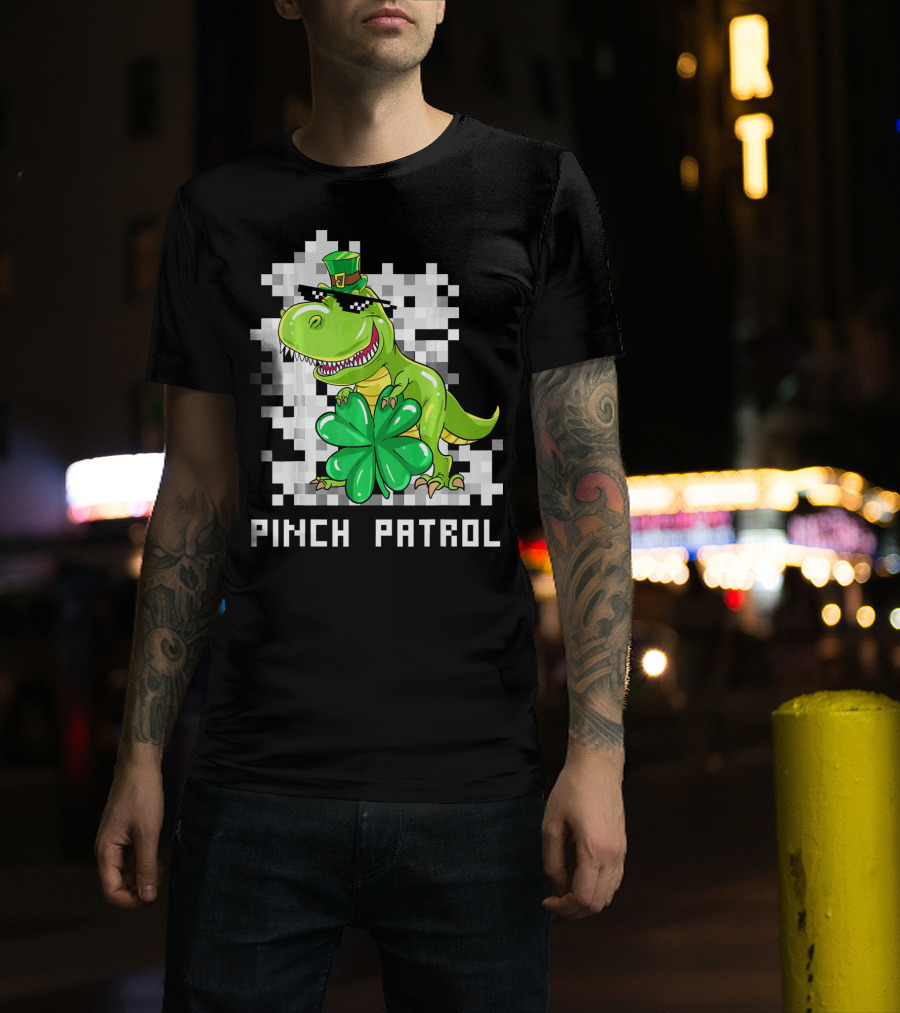 St Patrick Day Dinosaur Pinch Patrol Pixelated Clover And Hat T-Shirt