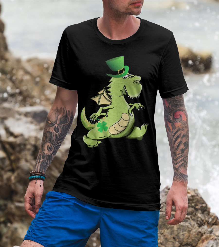 St Patrick's Day Dragon Wearing Leprechaun Hat With Shamrock T-Shirt