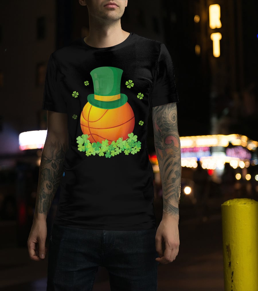 Basketball With Leprechaun Hat And Shamrocks Playing Around T-Shirt