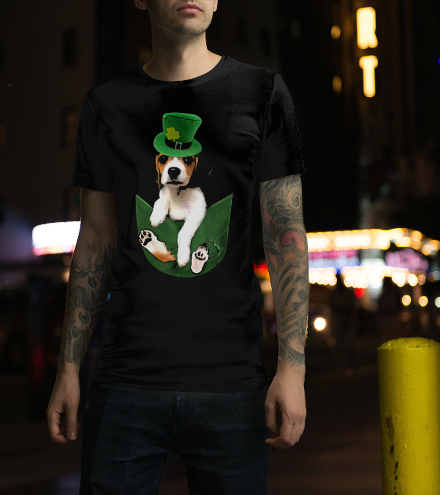 Beagle In Green Pocket With St Patrick's Hat And Shamrock T-Shirt