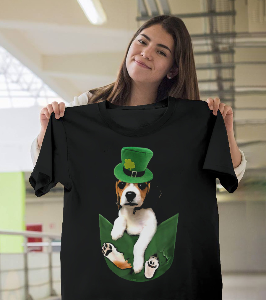 Beagle in Green Pocket with St Patrick's Hat and Shamrock T-Shirt