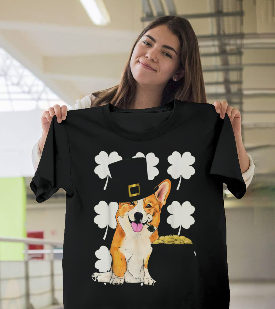 Irish Corgi St. Patricks Day Clover Leprechaun Hat and Pot of Gold T-Shirt