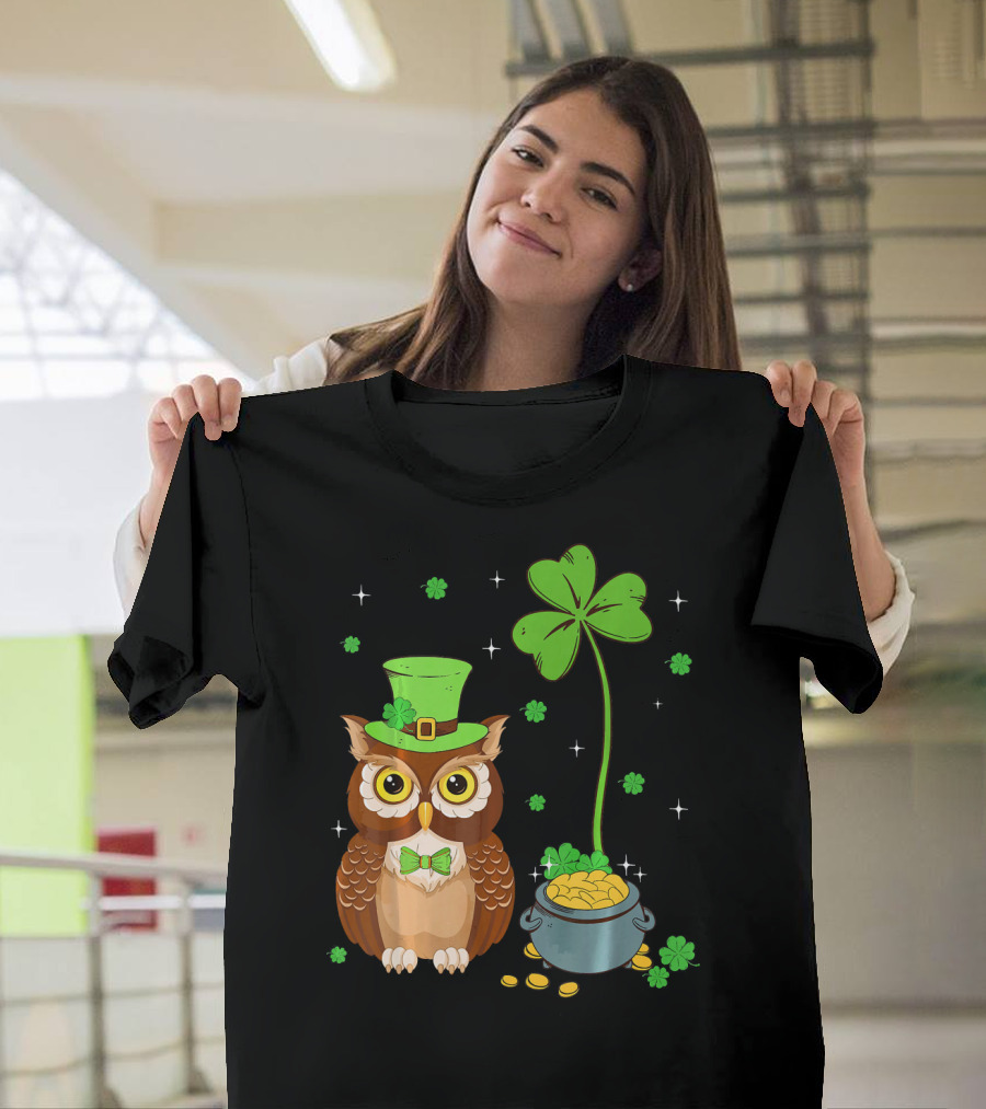 Shamrock Leprechaun Owl Pot Of Gold T-Shirt