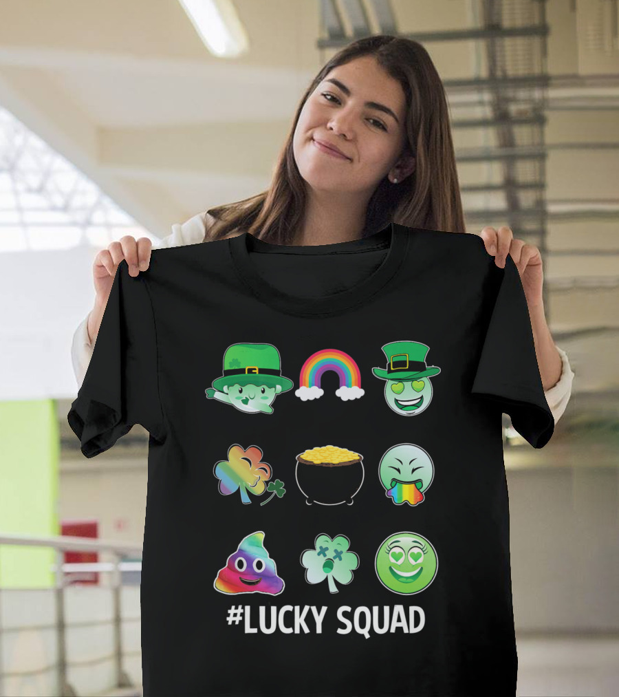 Lucky Squad St. Patricks Day Emoji Rainbow Clover Pot of Gold T-Shirt