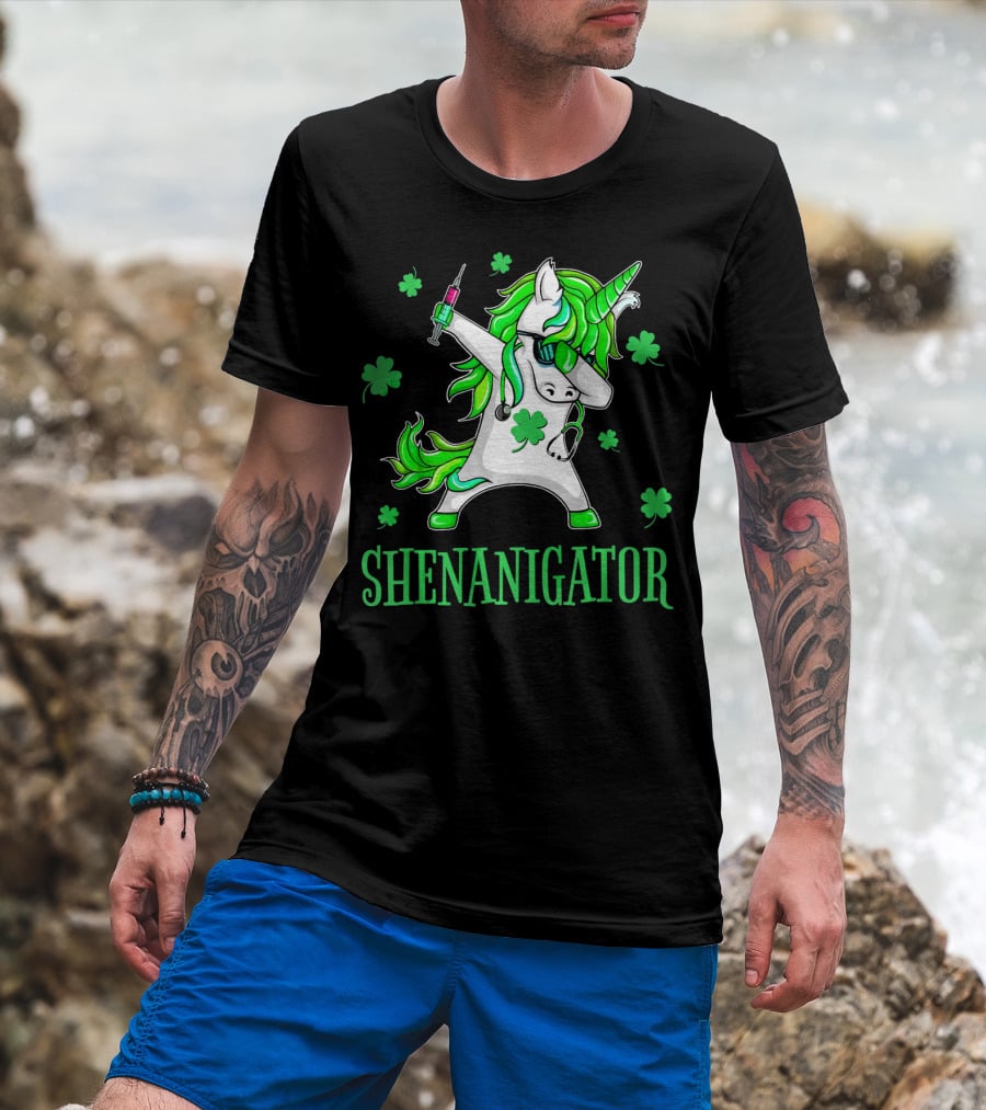 Unicorn Dabbing Shenanigator With Shamrocks And Syringe T-Shirt