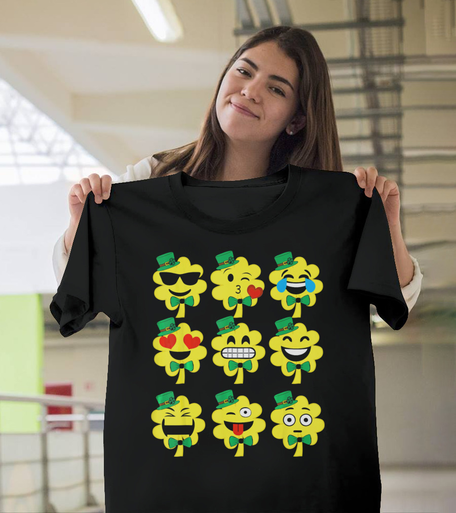St Patricks Day Kids Emoji Shamrock Faces with Top Hats and Bowties T-Shirt