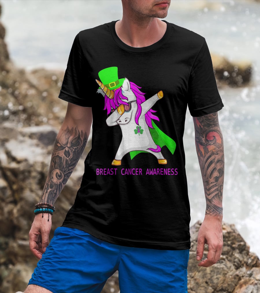 Unicorn Breast Cancer Awareness Dabbing With Green Hat And Clover Patrick T-Shirt