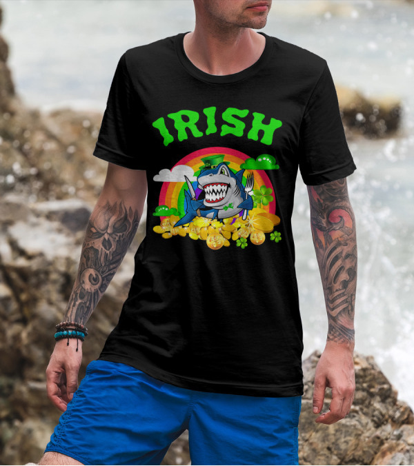Irish Shark Funny St Patricks Day Leprechaun Rainbow Coins T-Shirt