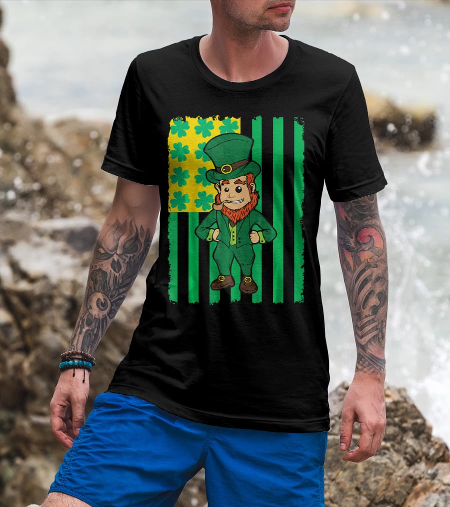 Irish American Leprechaun With Clover Flag T-Shirt