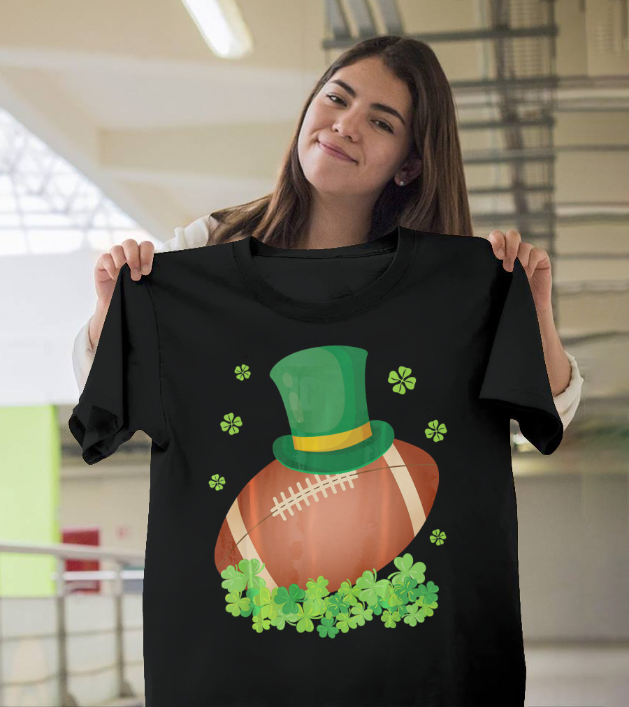 Leprechaun Hat on Football Surrounded by Clovers T-Shirt