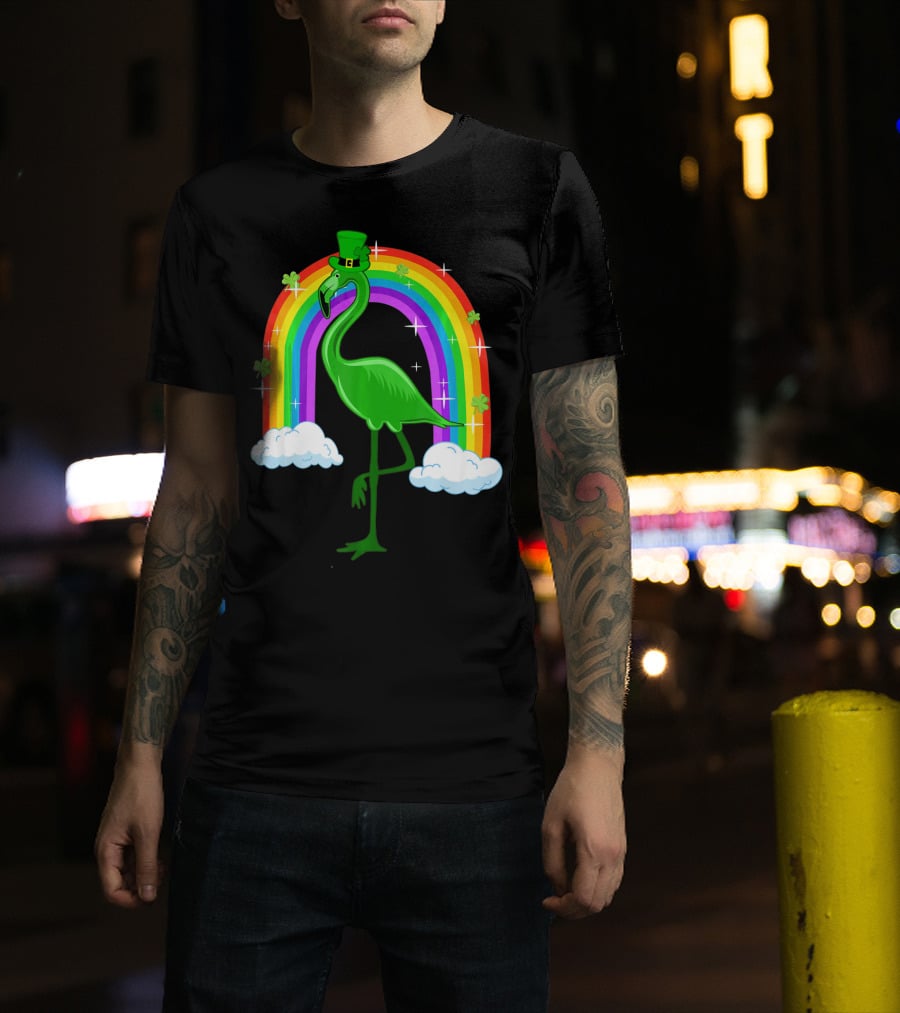 Leprechaun Flamingo With Rainbow And Clovers T-Shirt