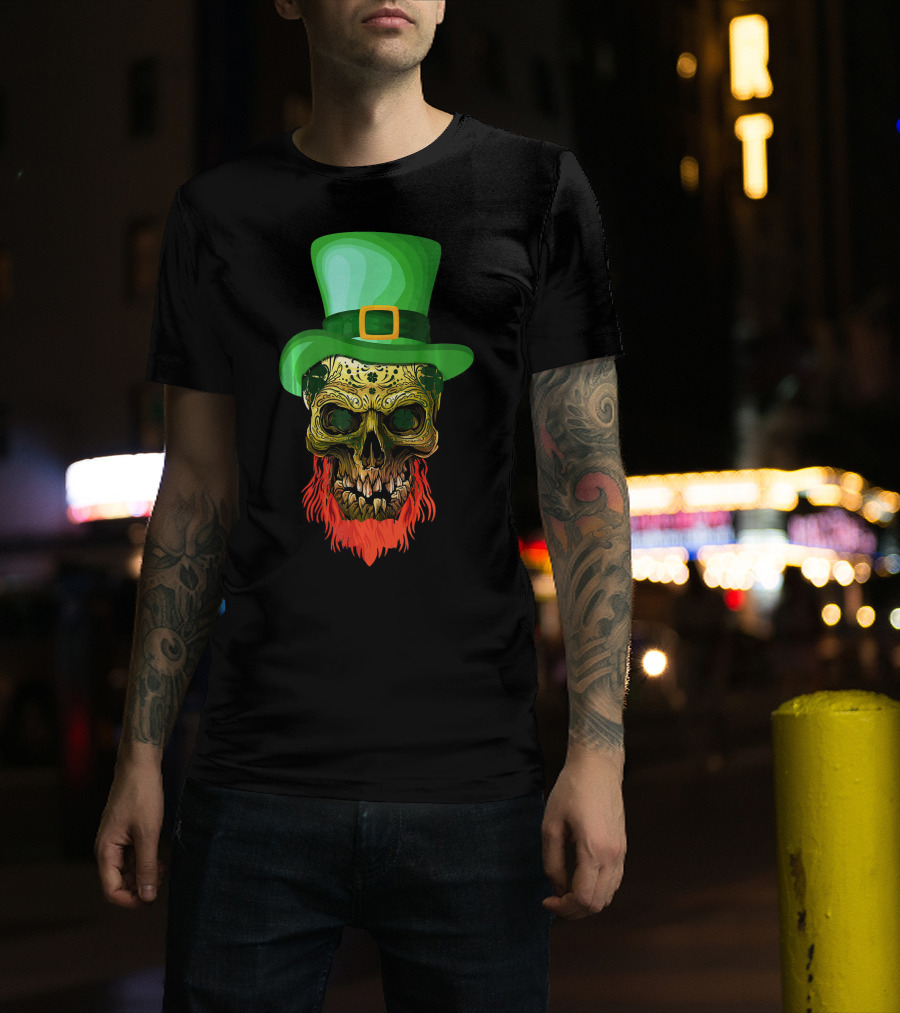 Skull Leprechaun Irish Green Hat Red Beard T-Shirt