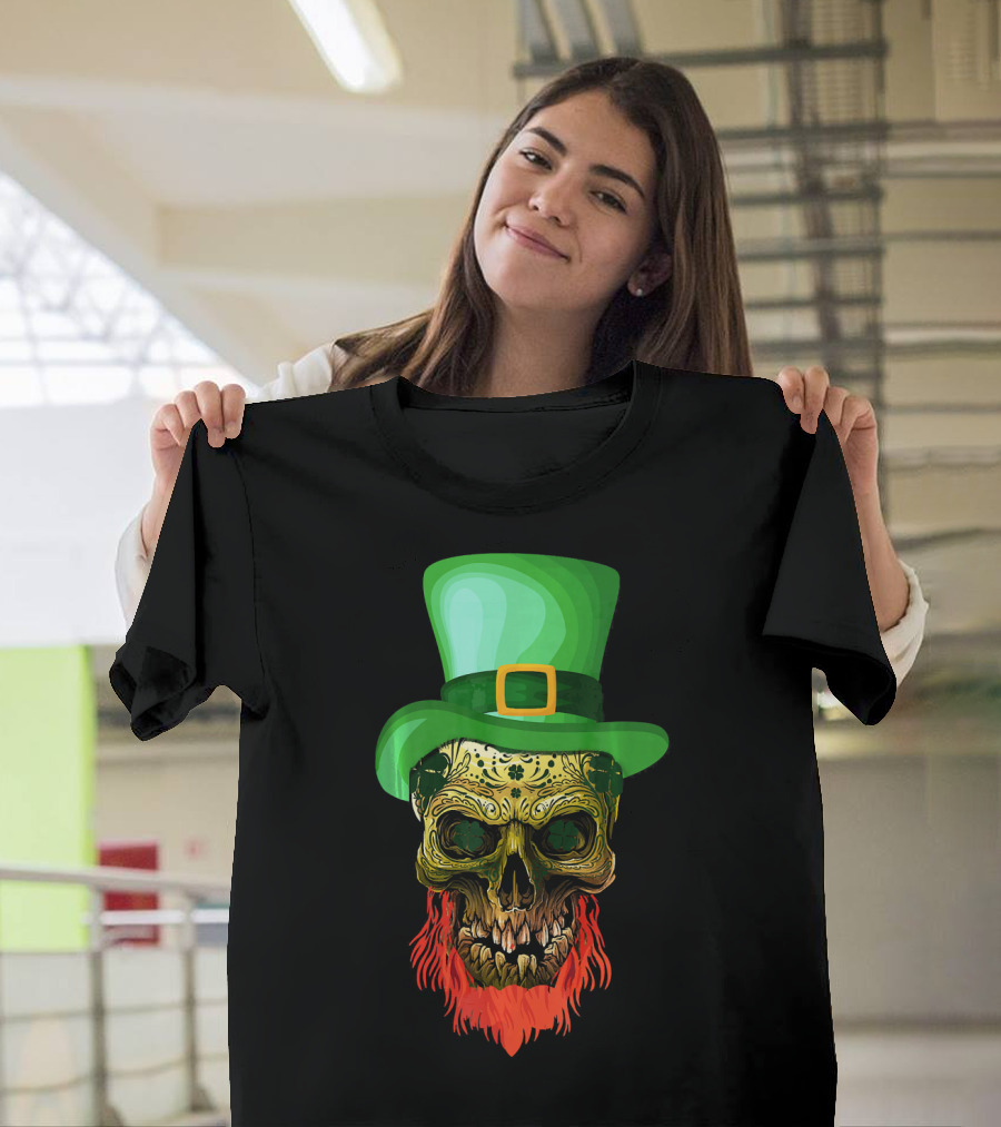 Skull Leprechaun Irish Green Hat Red Beard T-Shirt