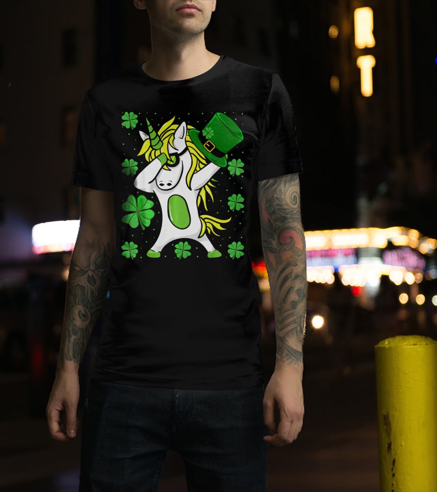 Funny Irish St Patricks Day Unicorn With Leprechaun Hat And Shamrocks T-Shirt