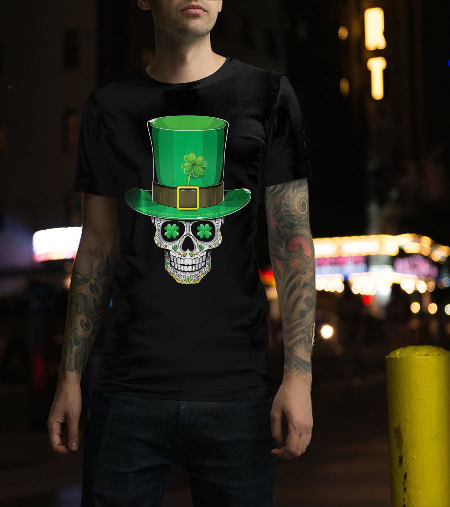 St Patricks Day Shamrock Sugar Skull Leprechaun T-Shirt