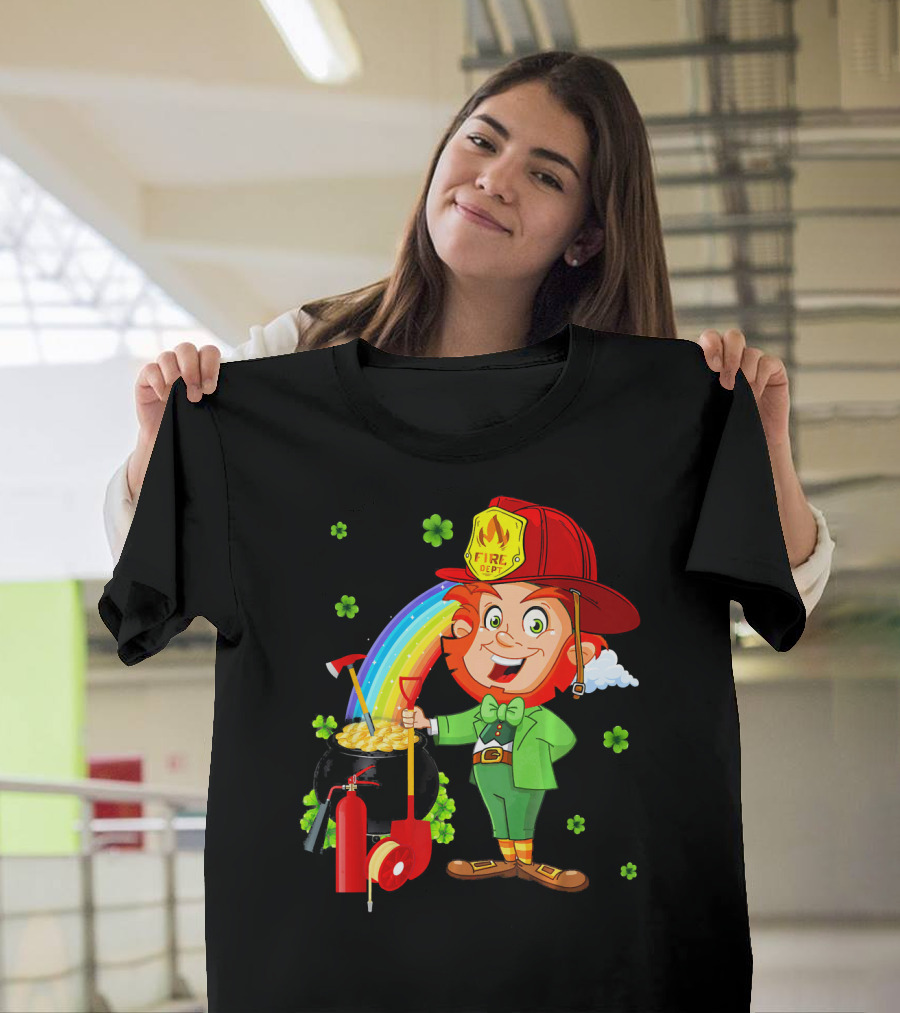 Fire Dept Leprechaun With Pot Of Gold And Rainbow T-Shirt