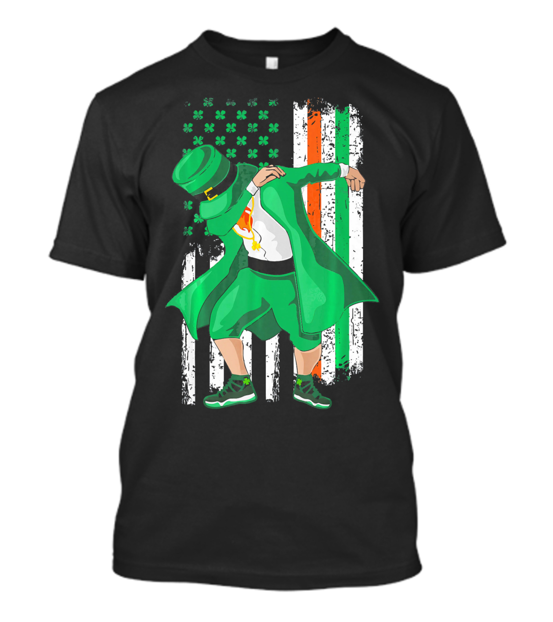 Dabbing Leprechaun With Shamrock And Irish American Flag Background T-Shirt
